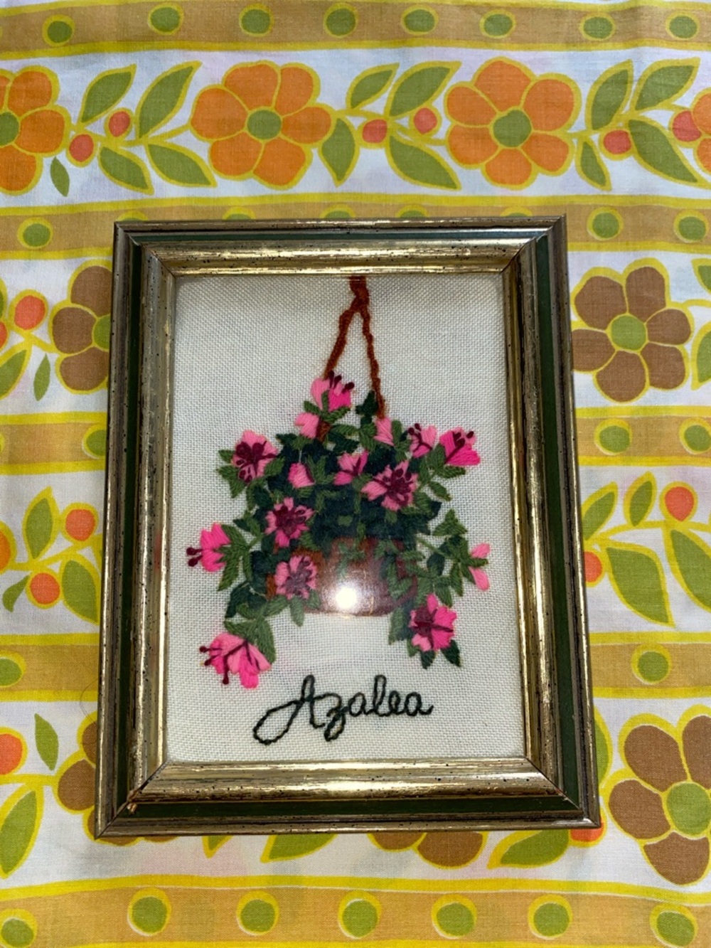 Vintage crewel Azalea 🌺 1970s embroidered needle work